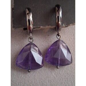 Faceted purple lucite dangle drop earrings w/gunmetal tone